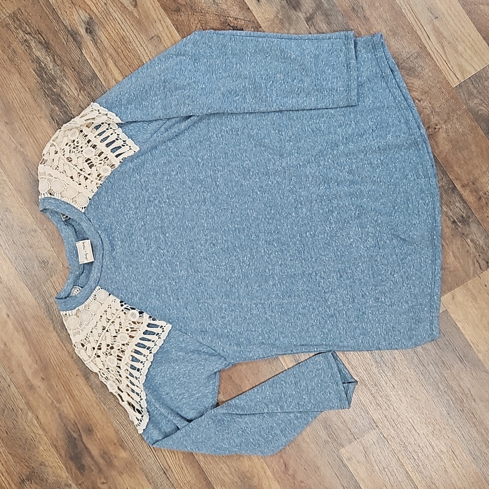 Dusty Blue Crochet Shoulder Top